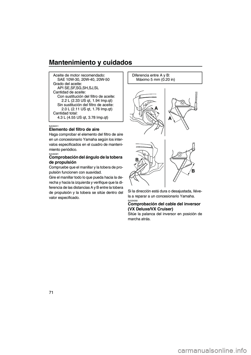 YAMAHA VX SPORT 2009  Manuale de Empleo (in Spanish) Mantenimiento y cuidados
71
SJU34311Elemento del filtro de aire 
Haga comprobar el elemento del filtro de aire
en un concesionario Yamaha según los inter-
valos especificados en el cuadro de manteni-