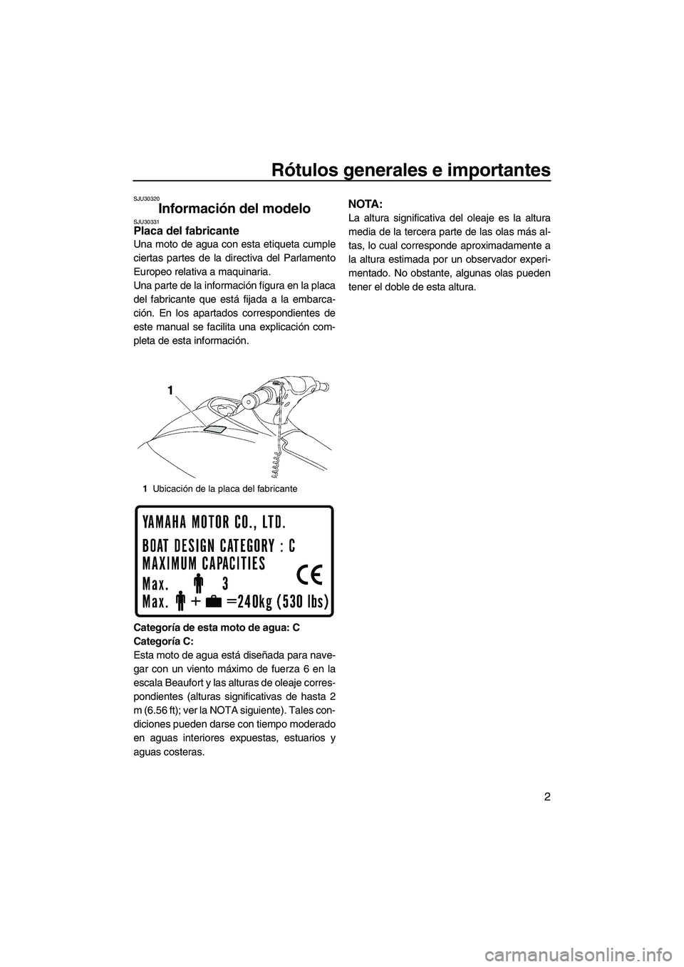 YAMAHA VX 2009  Manuale de Empleo (in Spanish) Rótulos generales e importantes
2
SJU30320
Información del modelo SJU30331Placa del fabricante 
Una moto de agua con esta etiqueta cumple
ciertas partes de la directiva del Parlamento
Europeo relati