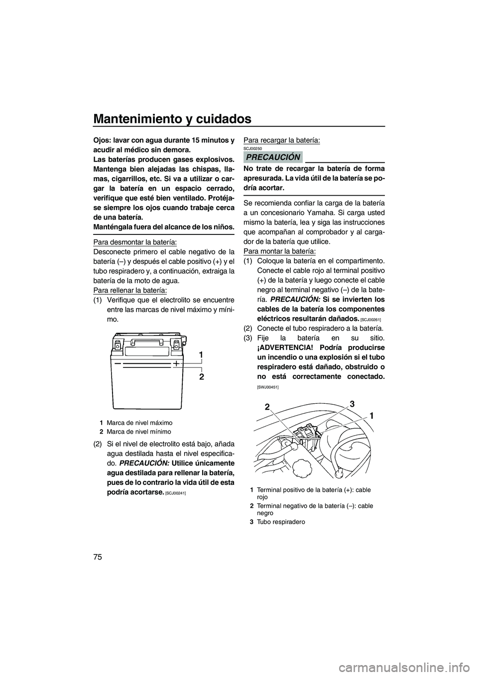 YAMAHA VX SPORT 2009  Manuale de Empleo (in Spanish) Mantenimiento y cuidados
75
Ojos: lavar con agua durante 15 minutos y
acudir al médico sin demora.
Las baterías producen gases explosivos.
Mantenga bien alejadas las chispas, lla-
mas, cigarrillos, 