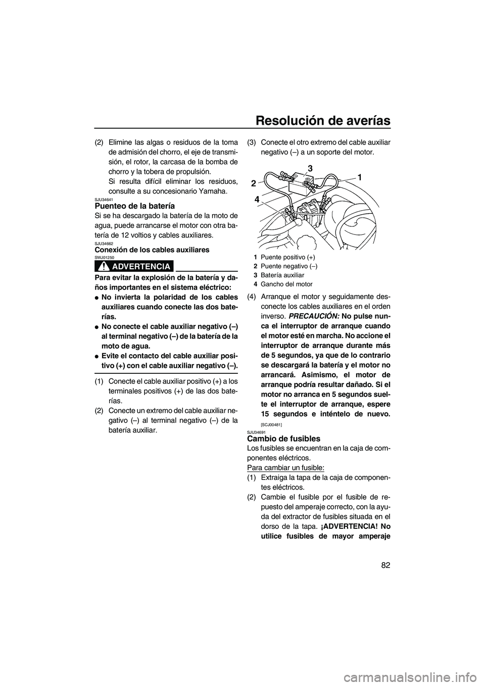 YAMAHA VX SPORT 2009  Manuale de Empleo (in Spanish) Resolución de averías
82
(2) Elimine las algas o residuos de la toma
de admisión del chorro, el eje de transmi-
sión, el rotor, la carcasa de la bomba de
chorro y la tobera de propulsión.
Si resu