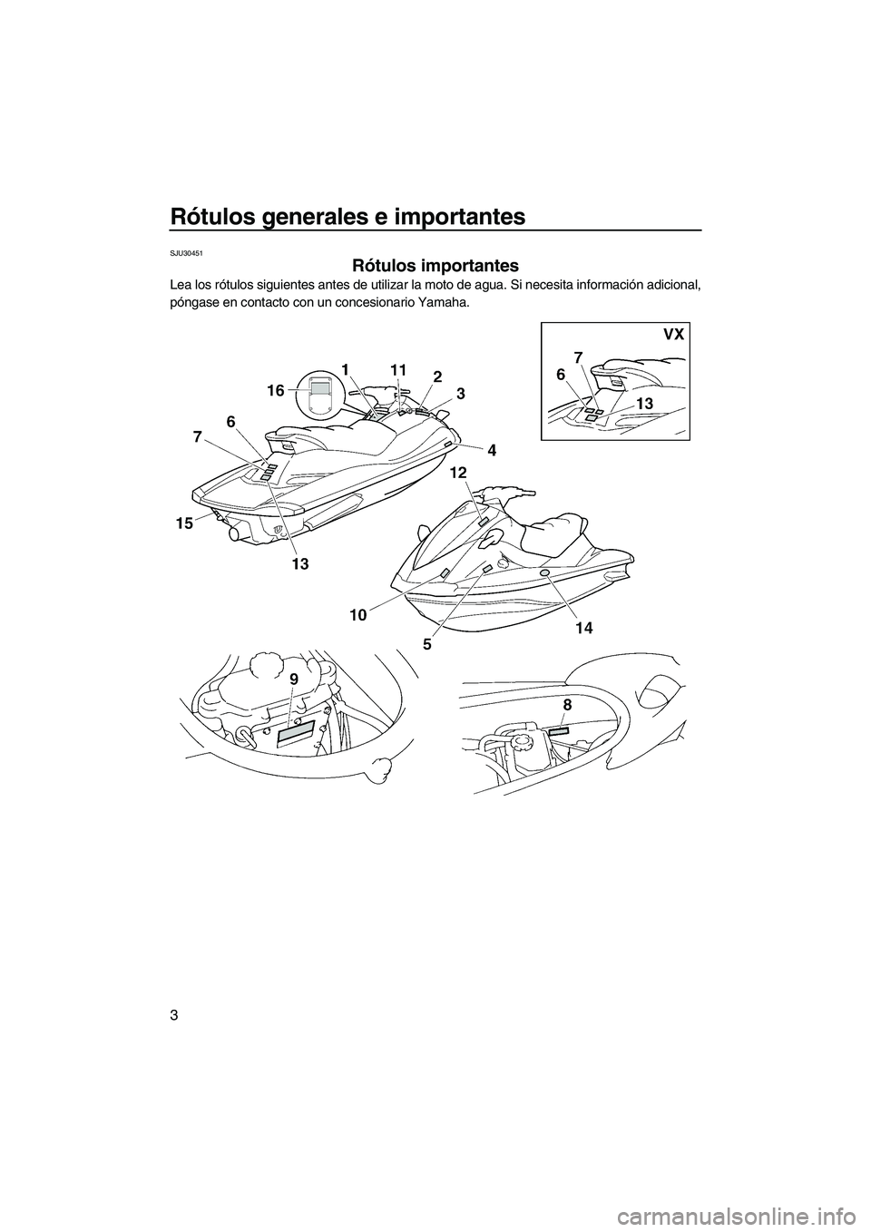 YAMAHA VX 2009 Manuale de Empleo (in Spanish) Rótulos generales e importantes
3
SJU30451
Rótulos importantes
Lea los rótulos siguientes antes de utilizar la moto de agua. Si necesita información adicional,
póngase en contacto con un concesi YAMAHA VX 2009 Manuale de Empleo (in Spanish) Rótulos generales e importantes
3
SJU30451
Rótulos importantes
Lea los rótulos siguientes antes de utilizar la moto de agua. Si necesita información adicional,
póngase en contacto con un concesi