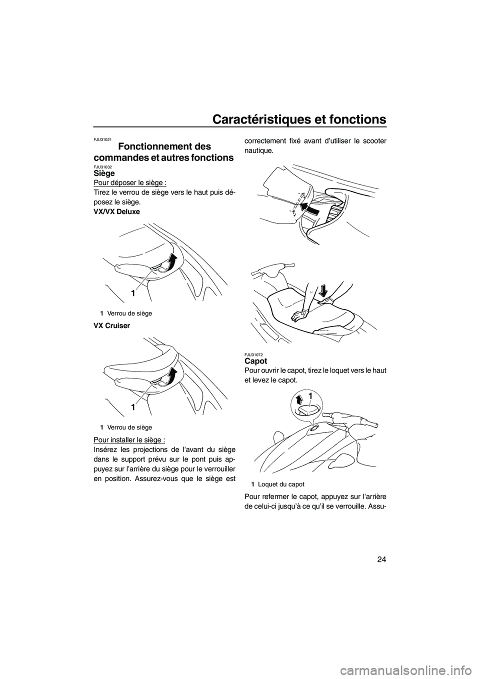 YAMAHA VX 2009  Notices Demploi (in French) Caractéristiques et fonctions
24
FJU31021
Fonctionnement des 
commandes et autres fonctions 
FJU31032Siège 
Pour déposer le siège :
Tirez le verrou de siège vers le haut puis dé-
posez le siège