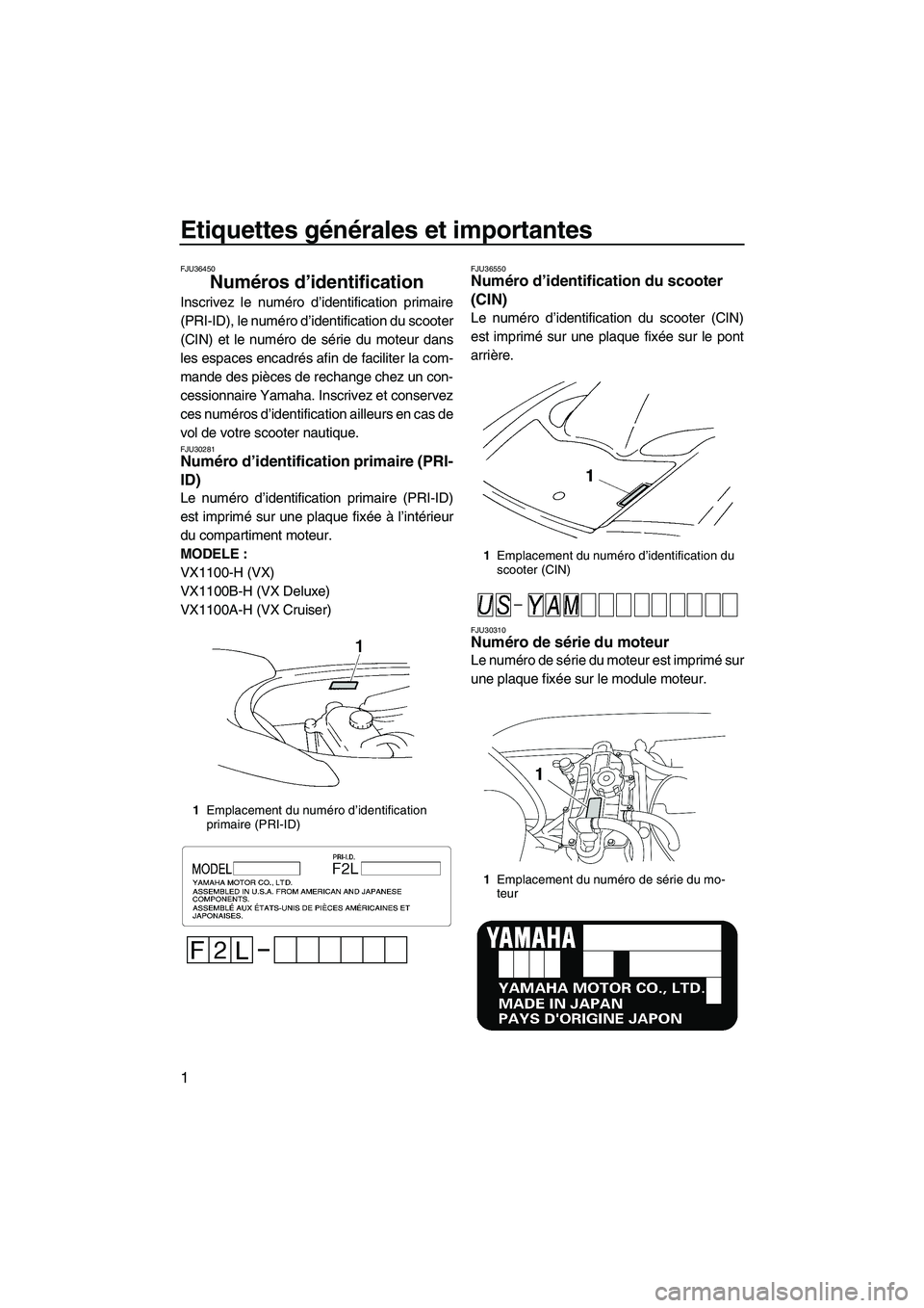 YAMAHA VX 2009  Notices Demploi (in French) Etiquettes générales et importantes
1
FJU36450
Numéros d’identification 
Inscrivez le numéro d’identification primaire
(PRI-ID), le numéro d’identification du scooter
(CIN) et le numéro de