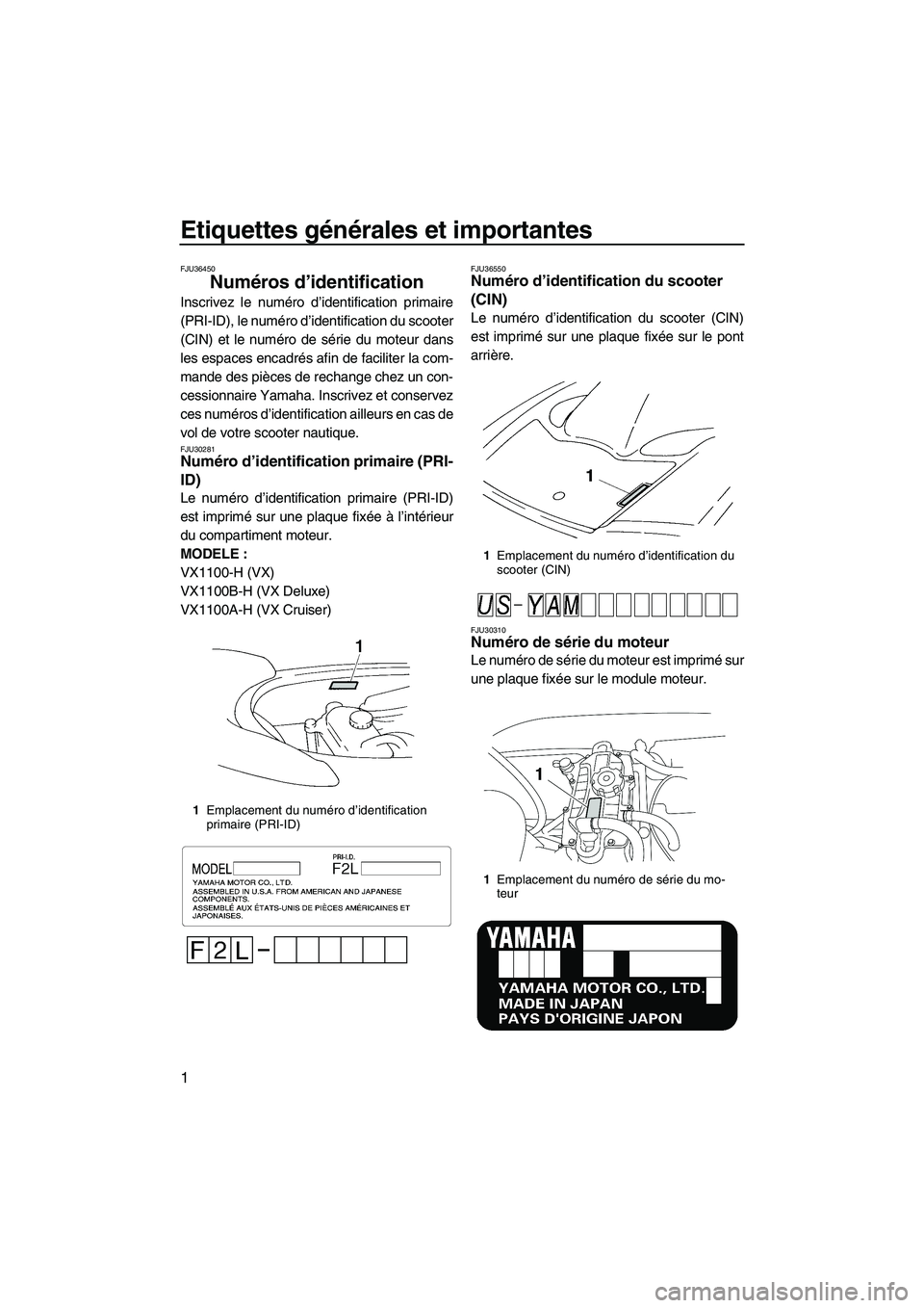 YAMAHA VX SPORT 2009 Notices Demploi (in French) Etiquettes générales et importantes
1
FJU36450
Numéros d’identification
Inscrivez le numéro d’identification primaire
(PRI-ID), le numéro d’identification du scooter
(CIN) et le numéro de YAMAHA VX SPORT 2009 Notices Demploi (in French) Etiquettes générales et importantes
1
FJU36450
Numéros d’identification
Inscrivez le numéro d’identification primaire
(PRI-ID), le numéro d’identification du scooter
(CIN) et le numéro de