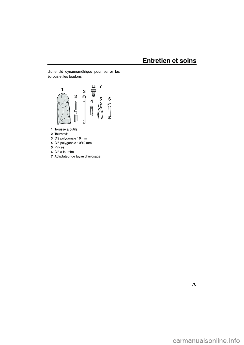 YAMAHA VX 2009  Notices Demploi (in French) Entretien et soins
70
d’une clé dynamométrique pour serrer les
écrous et les boulons.
1Trousse à outils
2Tournevis
3Clé polygonale 16 mm
4Clé polygonale 10/12 mm
5Pinces
6Clé à fourche
7Adap
