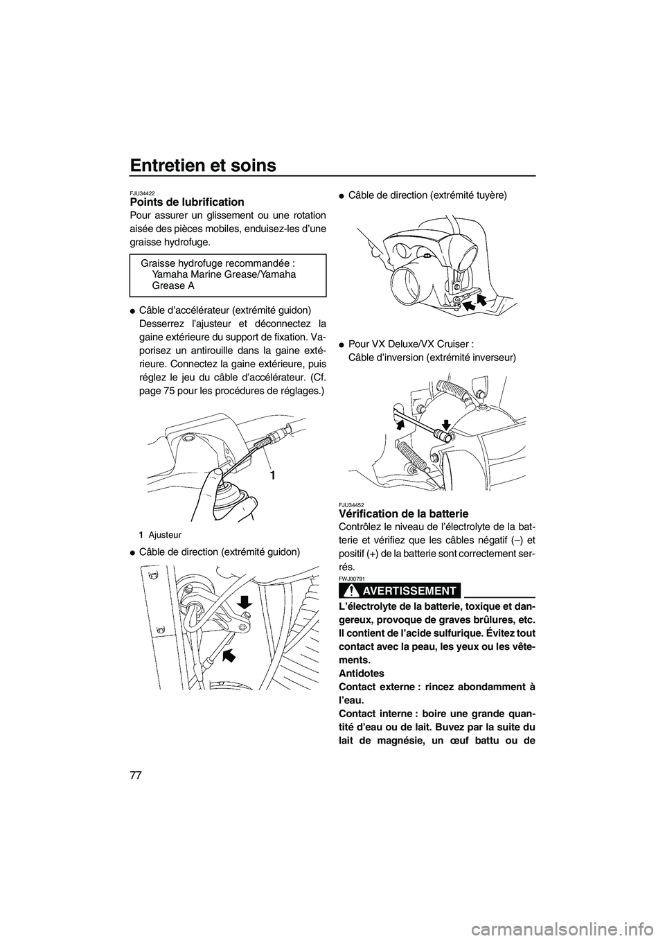 YAMAHA VX 2009  Notices Demploi (in French) Entretien et soins
77
FJU34422Points de lubrification 
Pour assurer un glissement ou une rotation
aisée des pièces mobiles, enduisez-les d’une
graisse hydrofuge.
Câble d’accélérateur (extré