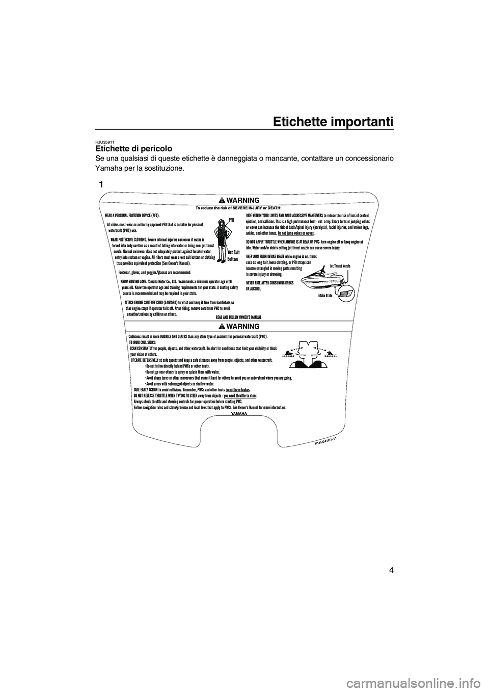 YAMAHA VX 2009  Manuale duso (in Italian) Etichette importanti
4
HJU35911Etichette di pericolo 
Se una qualsiasi di queste etichette è danneggiata o mancante, contattare un concessionario
Yamaha per la sostituzione.
UF2L70H0.book  Page 4  Tu