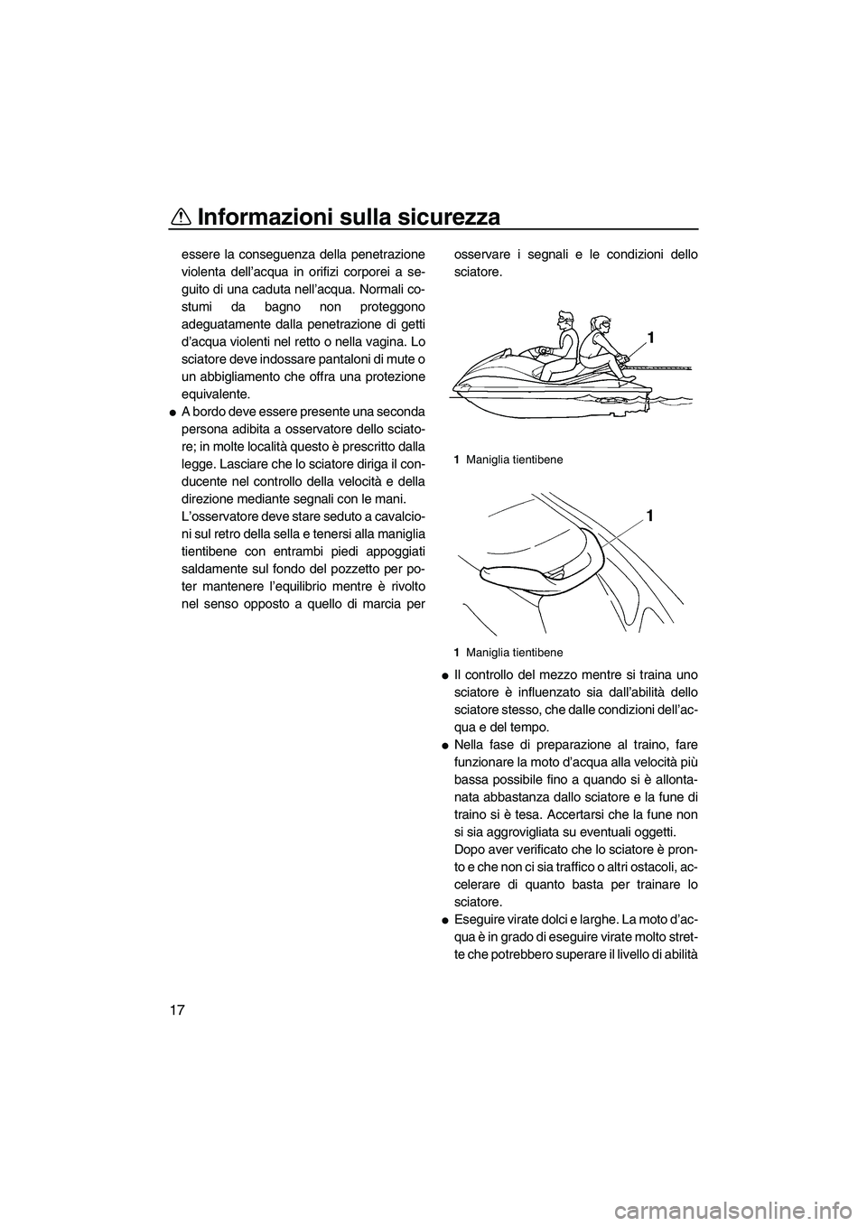 YAMAHA VX 2009  Manuale duso (in Italian) Informazioni sulla sicurezza
17
essere la conseguenza della penetrazione
violenta dell’acqua in orifizi corporei a se-
guito di una caduta nell’acqua. Normali co-
stumi da bagno non proteggono
ade