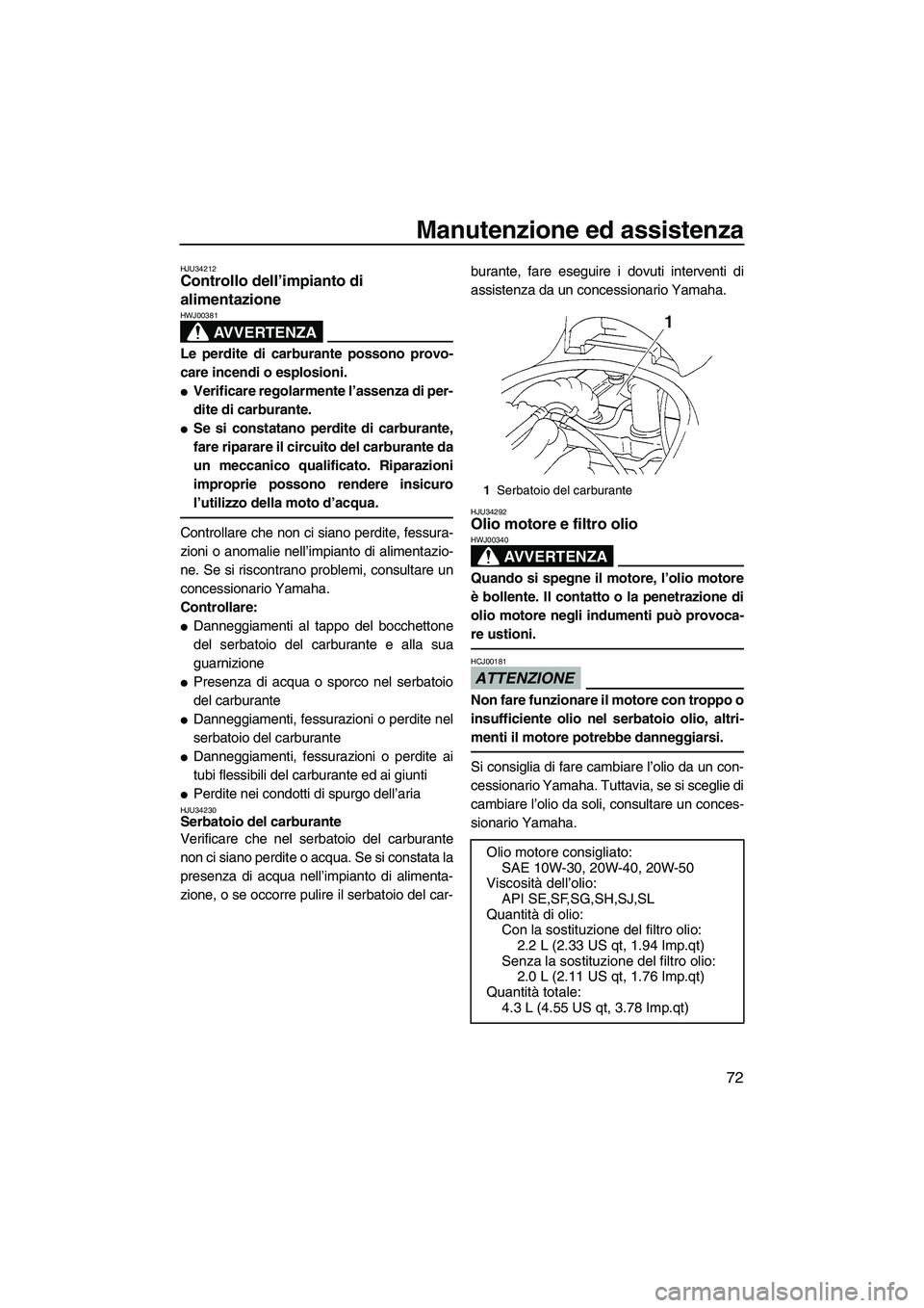 YAMAHA VX 2009  Manuale duso (in Italian) Manutenzione ed assistenza
72
HJU34212Controllo dell’impianto di 
alimentazione 
AVVERTENZA
HWJ00381
Le perdite di carburante possono provo-
care incendi o esplosioni.
Verificare regolarmente l’a