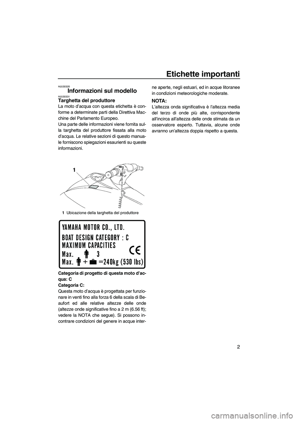 YAMAHA VX 2009  Manuale duso (in Italian) Etichette importanti
2
HJU30320
Informazioni sul modello HJU30331Targhetta del produttore 
La moto d’acqua con questa etichetta è con-
forme a determinate parti della Direttiva Mac-
chine del Parla