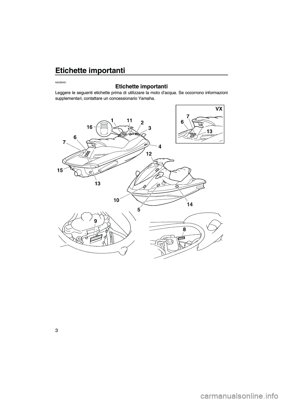YAMAHA VX 2009 Manuale duso (in Italian) Etichette importanti
3
HJU30451
Etichette importanti
Leggere le seguenti etichette prima di utilizzare la moto d’acqua. Se occorrono informazioni
supplementari, contattare un concessionario Yamaha. YAMAHA VX 2009 Manuale duso (in Italian) Etichette importanti
3
HJU30451
Etichette importanti
Leggere le seguenti etichette prima di utilizzare la moto d’acqua. Se occorrono informazioni
supplementari, contattare un concessionario Yamaha.