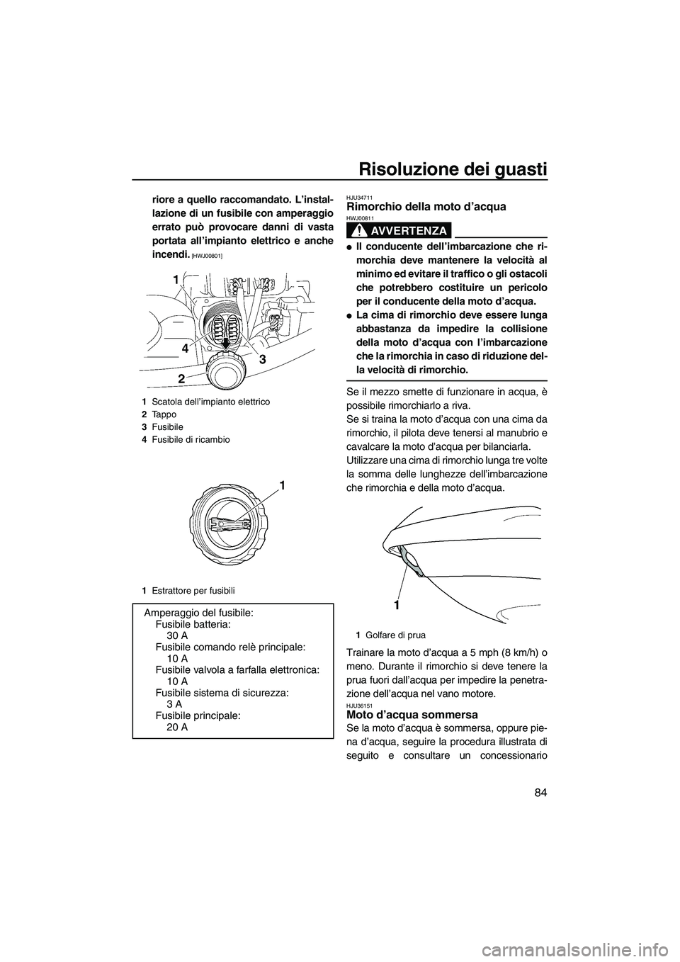 YAMAHA VX 2009  Manuale duso (in Italian) Risoluzione dei guasti
84
riore a quello raccomandato. L’instal-
lazione di un fusibile con amperaggio
errato può provocare danni di vasta
portata all’impianto elettrico e anche
incendi.
 [HWJ008