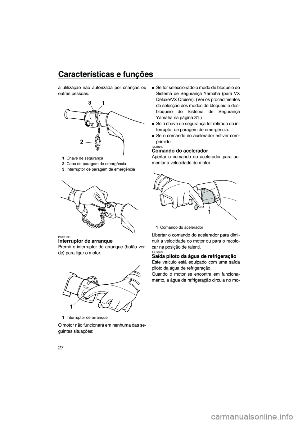 YAMAHA VX 2009  Manual de utilização (in Portuguese) Características e funções
27
a utilização não autorizada por crianças ou
outras pessoas.
PJU31192Interruptor de arranque 
Premir o interruptor de arranque (botão ver-
de) para ligar o motor.
O