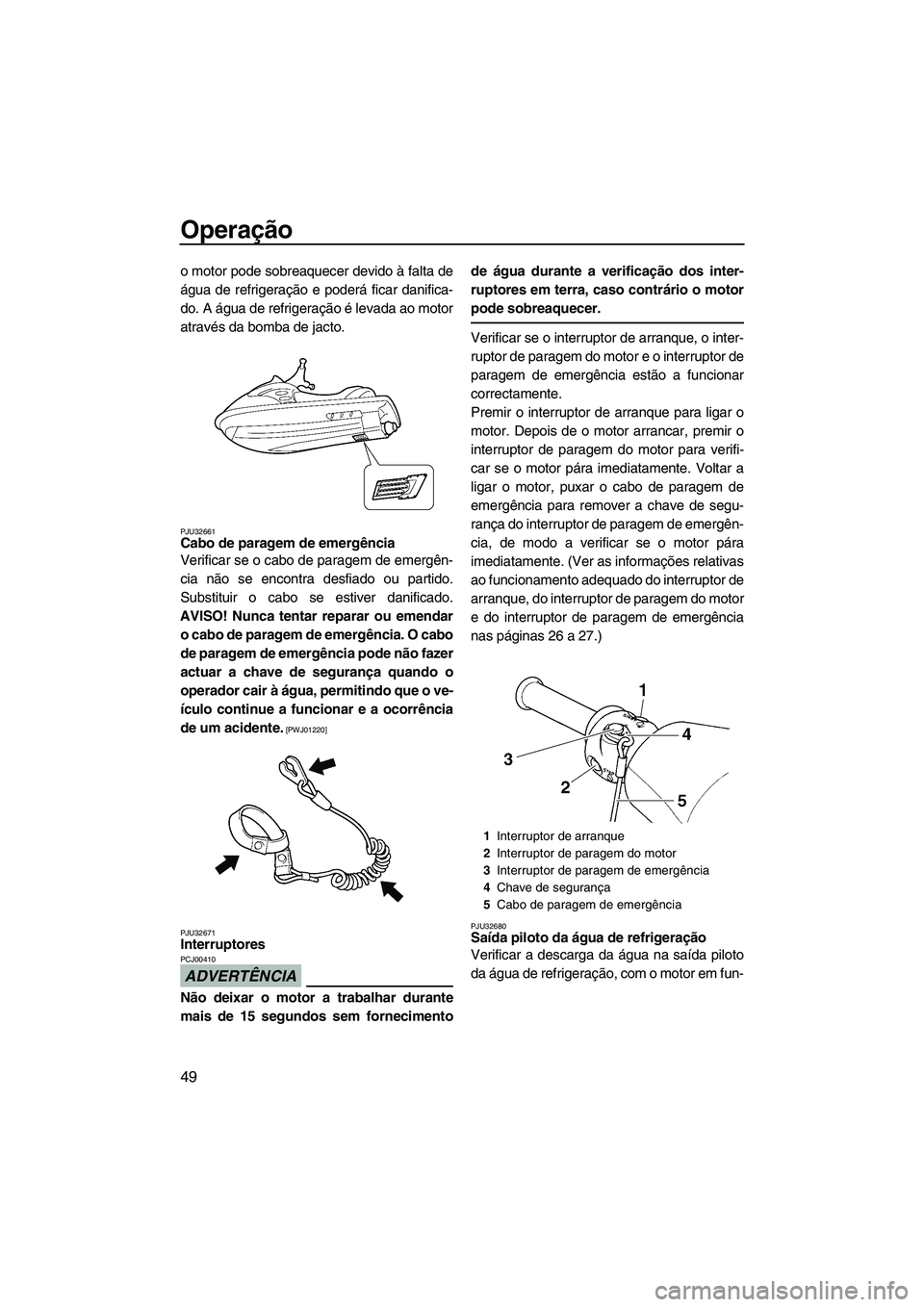 YAMAHA VX 2009  Manual de utilização (in Portuguese) Operação
49
o motor pode sobreaquecer devido à falta de
água de refrigeração e poderá ficar danifica-
do. A água de refrigeração é levada ao motor
através da bomba de jacto.
PJU32661Cabo d