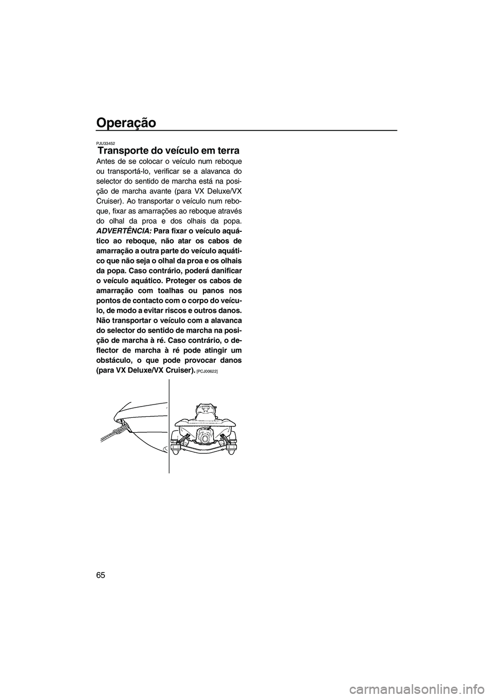 YAMAHA VX 2009  Manual de utilização (in Portuguese) Operação
65
PJU33452
Transporte do veículo em terra 
Antes de se colocar o veículo num reboque
ou transportá-lo, verificar se a alavanca do
selector do sentido de marcha está na posi-
ção de m