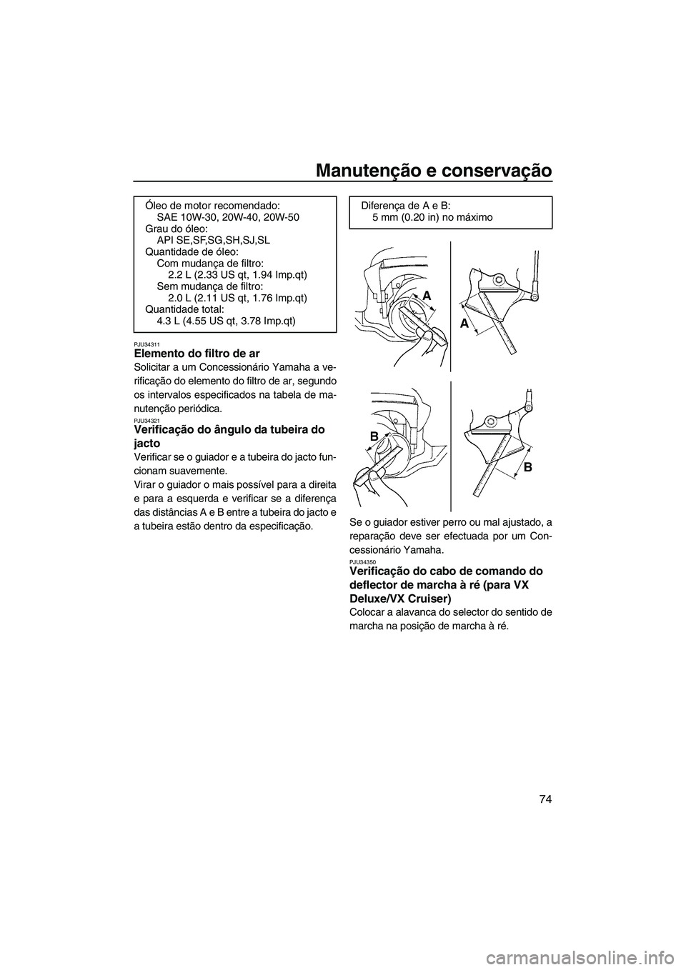 YAMAHA VX 2009  Manual de utilização (in Portuguese) Manutenção e conservação
74
PJU34311Elemento do filtro de ar 
Solicitar a um Concessionário Yamaha a ve-
rificação do elemento do filtro de ar, segundo
os intervalos especificados na tabela de 