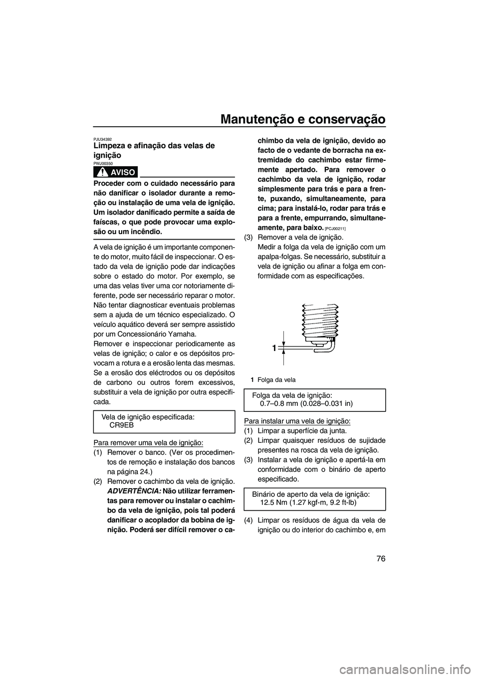 YAMAHA VX 2009  Manual de utilização (in Portuguese) Manutenção e conservação
76
PJU34392Limpeza e afinação das velas de 
ignição 
AV I S O
PWJ00350
Proceder com o cuidado necessário para
não danificar o isolador durante a remo-
ção ou insta