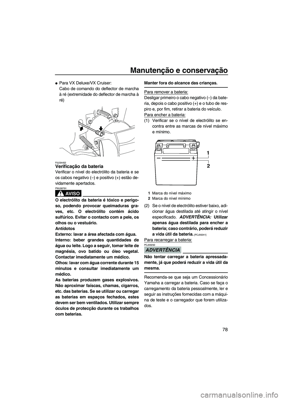 YAMAHA VX 2009  Manual de utilização (in Portuguese) Manutenção e conservação
78
Para VX Deluxe/VX Cruiser:
Cabo de comando do deflector de marcha
à ré (extremidade do deflector de marcha à
ré)
PJU34452Verificação da bateria 
Verificar o nív