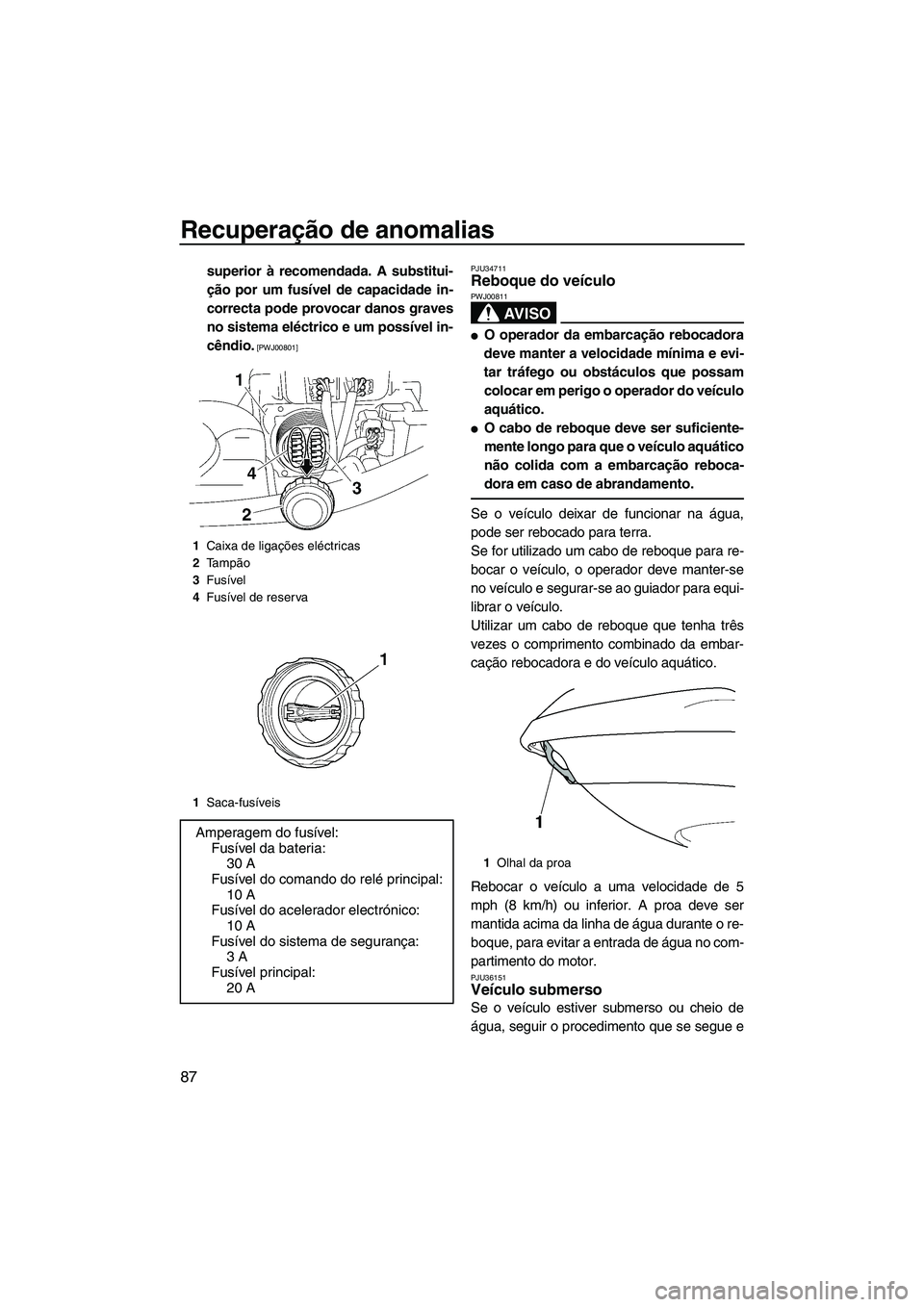 YAMAHA VX 2009 Manual de utilização (in Portuguese) Recuperação de anomalias
87
superior à recomendada. A substitui-
ção por um fusível de capacidade in-
correcta pode provocar danos graves
no sistema eléctrico e um possível in-
cêndio.
[PWJ0 YAMAHA VX 2009 Manual de utilização (in Portuguese) Recuperação de anomalias
87
superior à recomendada. A substitui-
ção por um fusível de capacidade in-
correcta pode provocar danos graves
no sistema eléctrico e um possível in-
cêndio.
[PWJ0