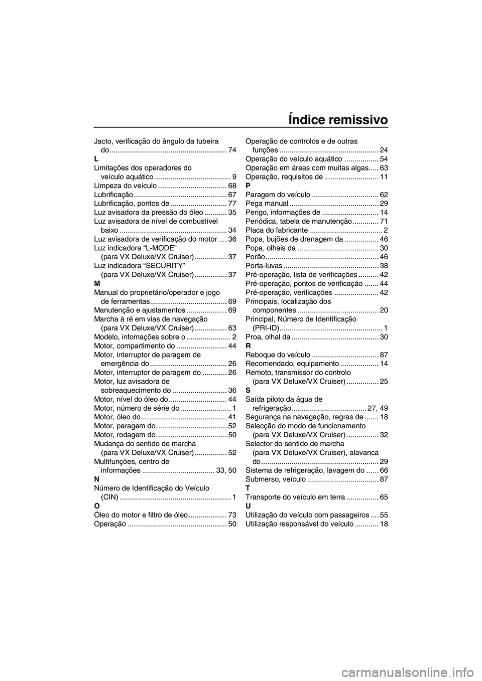 YAMAHA VX 2009  Manual de utilização (in Portuguese) Índice remissivo
Jacto, verificação do ângulo da tubeira 
do .......................................................... 74
L
Limitações dos operadores do 
veículo aquático ....................