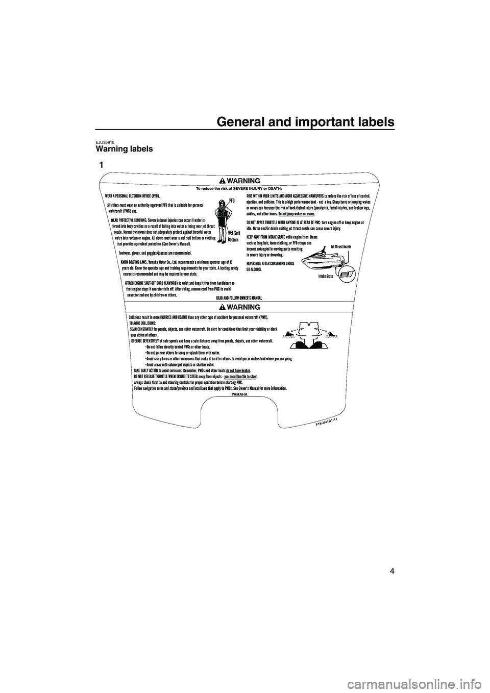 YAMAHA VX 2008 User Guide General and important labels
4
EJU35910Warning labels 
UF1K73E0.book  Page 4  Wednesday, July 11, 2007  9:15 AM 