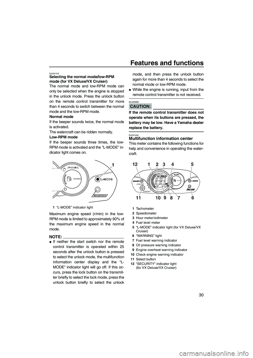 YAMAHA VX 2008  Owners Manual Features and functions
30
EJU31412Selecting the normal mode/low-RPM 
mode (for VX Deluxe/VX Cruiser) 
The normal mode and low-RPM mode can
only be selected when the engine is stopped
in the unlock mod