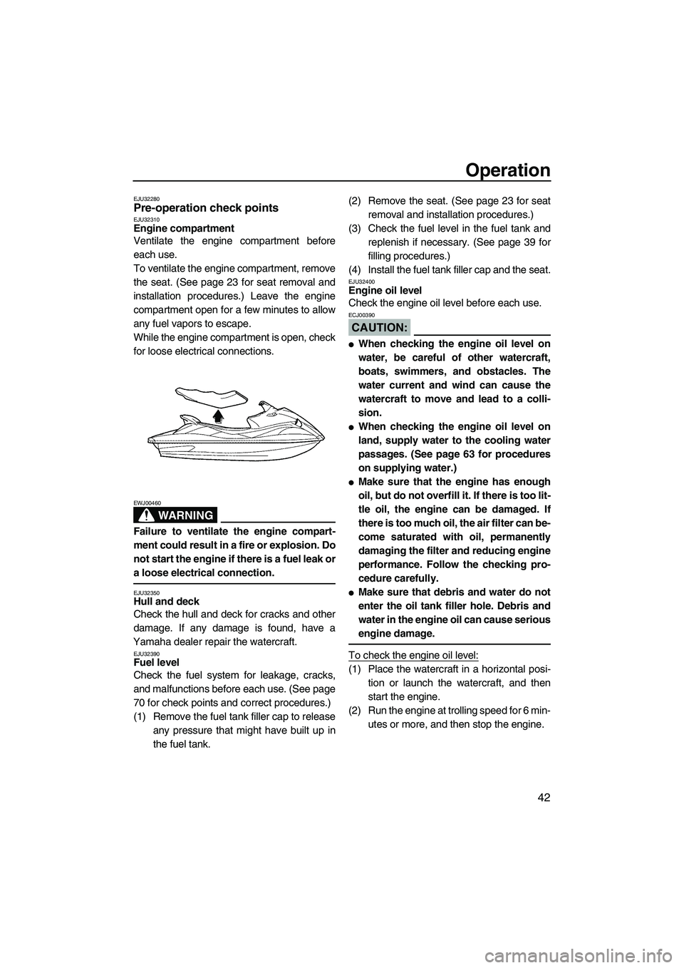 YAMAHA VX SPORT 2008 Service Manual Operation
42
EJU32280Pre-operation check points EJU32310Engine compartment 
Ventilate the engine compartment before
each use.
To ventilate the engine compartment, remove
the seat. (See page 23 for sea