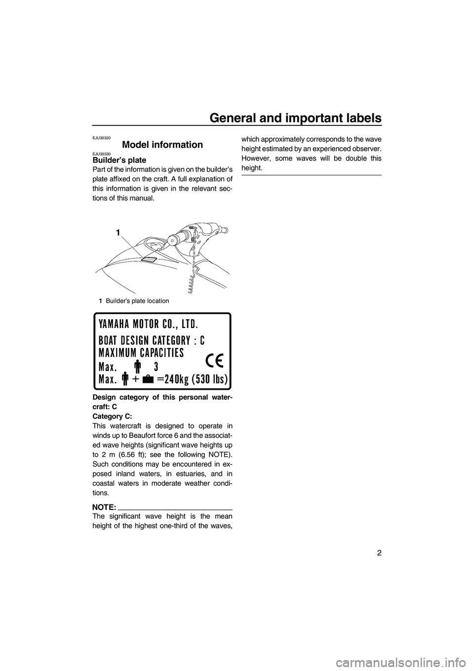 YAMAHA VX 2008 Owners Manual General and important labels
2
EJU30320
Model information EJU30330Builder’s plate
Part of the information is given on the builder’s
plate affixed on the craft. A full explanation of
this informat YAMAHA VX 2008 Owners Manual General and important labels
2
EJU30320
Model information EJU30330Builder’s plate
Part of the information is given on the builder’s
plate affixed on the craft. A full explanation of
this informat