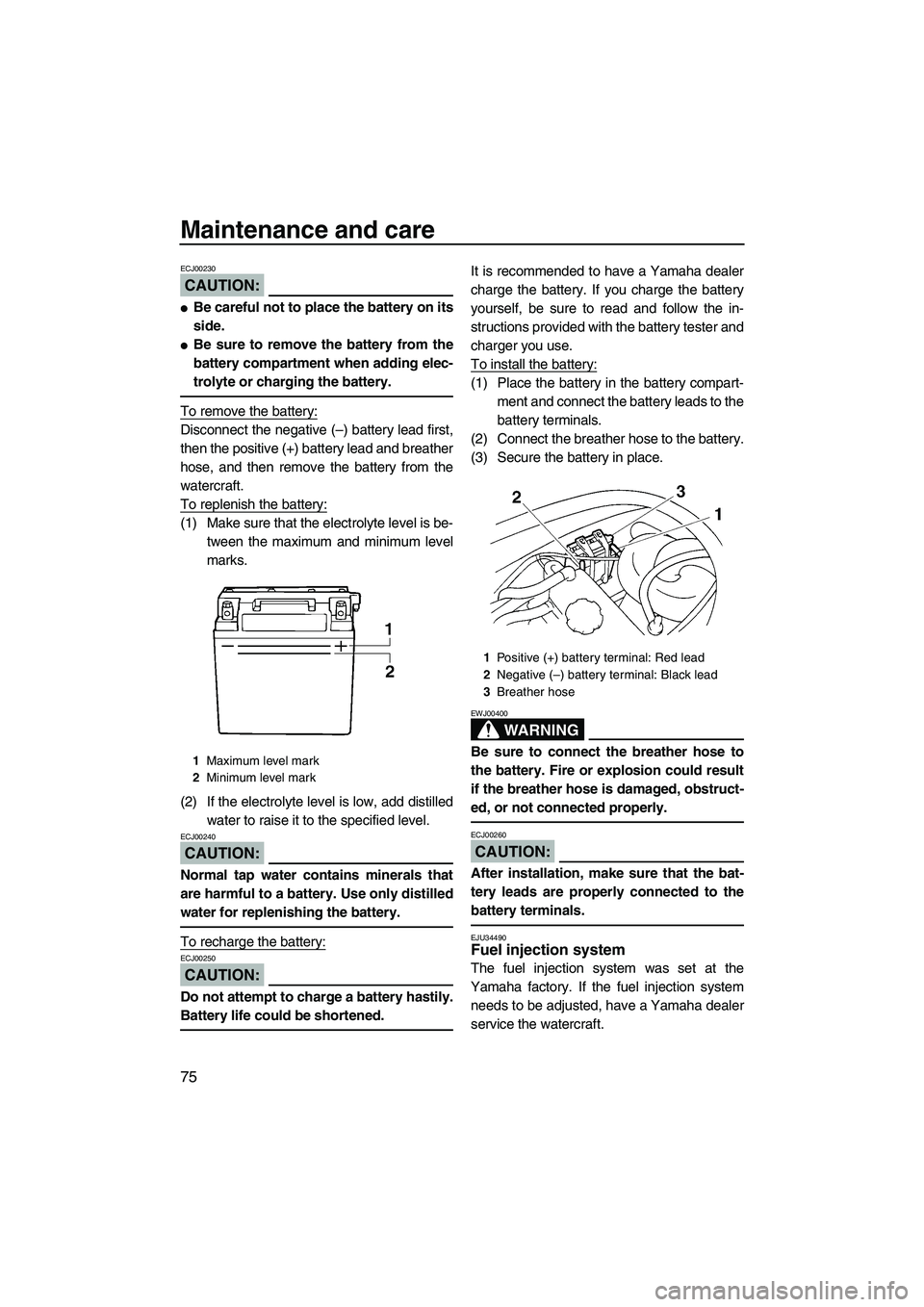 YAMAHA VX SPORT 2008 Manual Online Maintenance and care
75
CAUTION:
ECJ00230
Be careful not to place the battery on its
side.
Be sure to remove the battery from the
battery compartment when adding elec-
trolyte or charging the batter