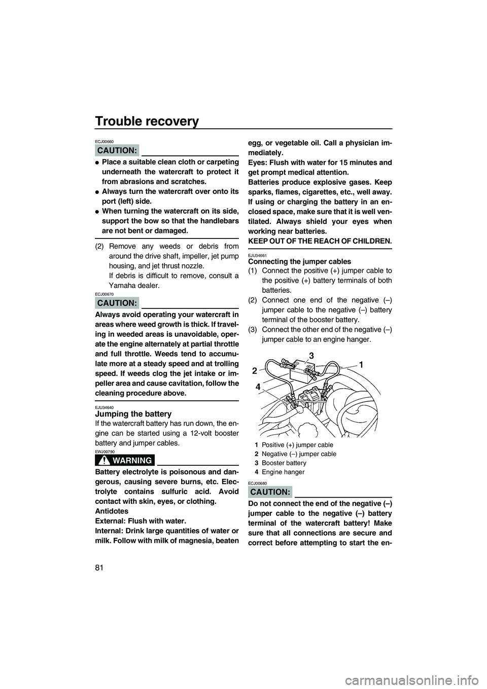 YAMAHA VX SPORT 2008  Owners Manual Trouble recovery
81
CAUTION:
ECJ00660
Place a suitable clean cloth or carpeting
underneath the watercraft to protect it
from abrasions and scratches.
Always turn the watercraft over onto its
port (l