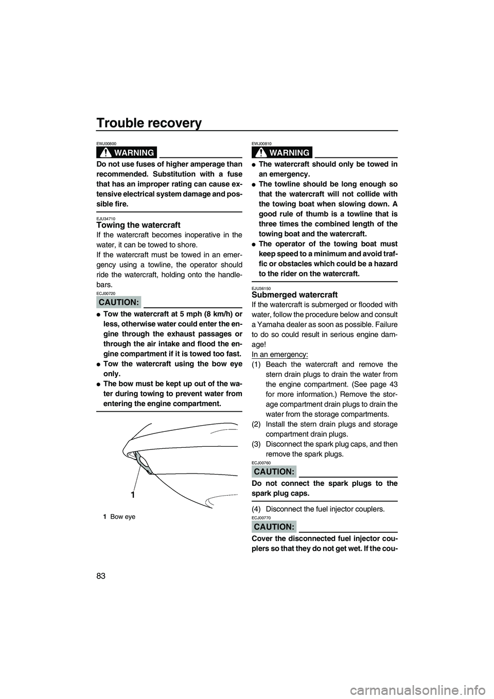 YAMAHA VX SPORT 2008 Manual Online Trouble recovery
83
WARNING
EWJ00800
Do not use fuses of higher amperage than
recommended. Substitution with a fuse
that has an improper rating can cause ex-
tensive electrical system damage and pos-
