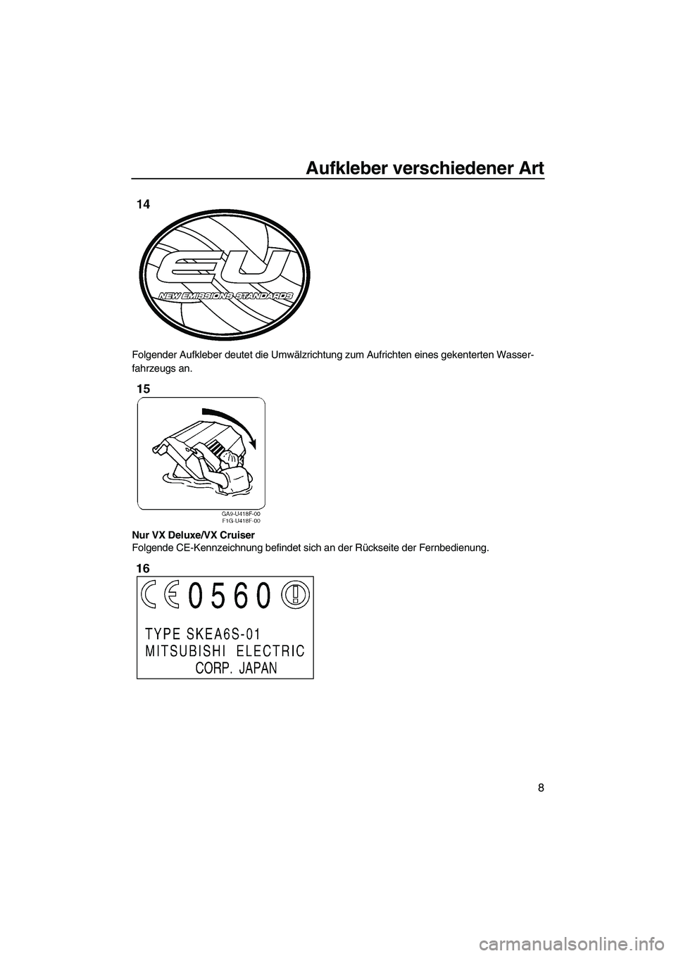 YAMAHA VX 2008  Betriebsanleitungen (in German) Aufkleber verschiedener Art
8
Folgender Aufkleber deutet die Umwälzrichtung zum Aufrichten eines gekenterten Wasser-
fahrzeugs an.
Nur VX Deluxe/VX Cruiser
Folgende CE-Kennzeichnung befindet sich an 