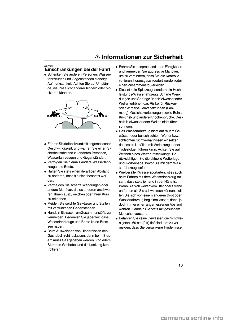 YAMAHA VX 2008  Betriebsanleitungen (in German) Informationen zur Sicherheit
10
GJU30760
Einschränkungen bei der Fahrt 
Schenken Sie anderen Personen, Wasser-
fahrzeugen und Gegenständen ständige 
Aufmerksamkeit. Achten Sie auf Umstän-
de, die