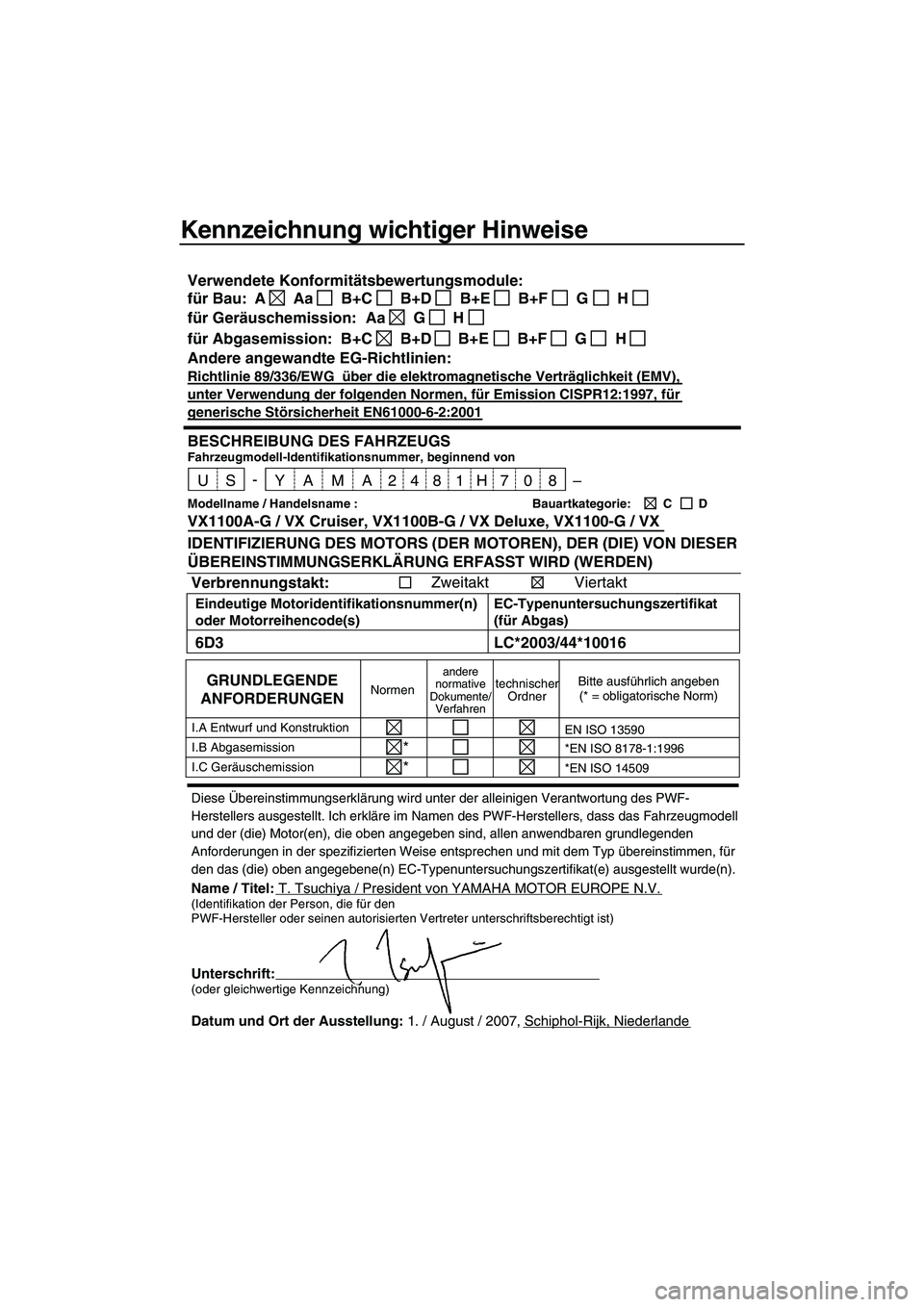 YAMAHA VX SPORT 2008 Betriebsanleitungen (in German) Kennzeichnung wichtiger Hinweise
Diese Übereinstimmungserklärung wird unter der alleinigen Verantwortung des PWF-
Herstellers ausgestellt. Ich erkläre im Namen des PWF-Herstellers, dass das Fahrzeu YAMAHA VX SPORT 2008 Betriebsanleitungen (in German) Kennzeichnung wichtiger Hinweise
Diese Übereinstimmungserklärung wird unter der alleinigen Verantwortung des PWF-
Herstellers ausgestellt. Ich erkläre im Namen des PWF-Herstellers, dass das Fahrzeu
