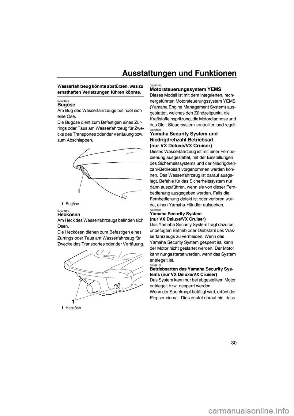 YAMAHA VX 2008  Betriebsanleitungen (in German) Ausstattungen und Funktionen
30
Wasserfahrzeug könnte abstürzen, was zu 
ernsthaften Verletzungen führen könnte.
GJU34870Bugöse 
Am Bug des Wasserfahrzeugs befindet sich 
eine Öse.
Die Bugöse d
