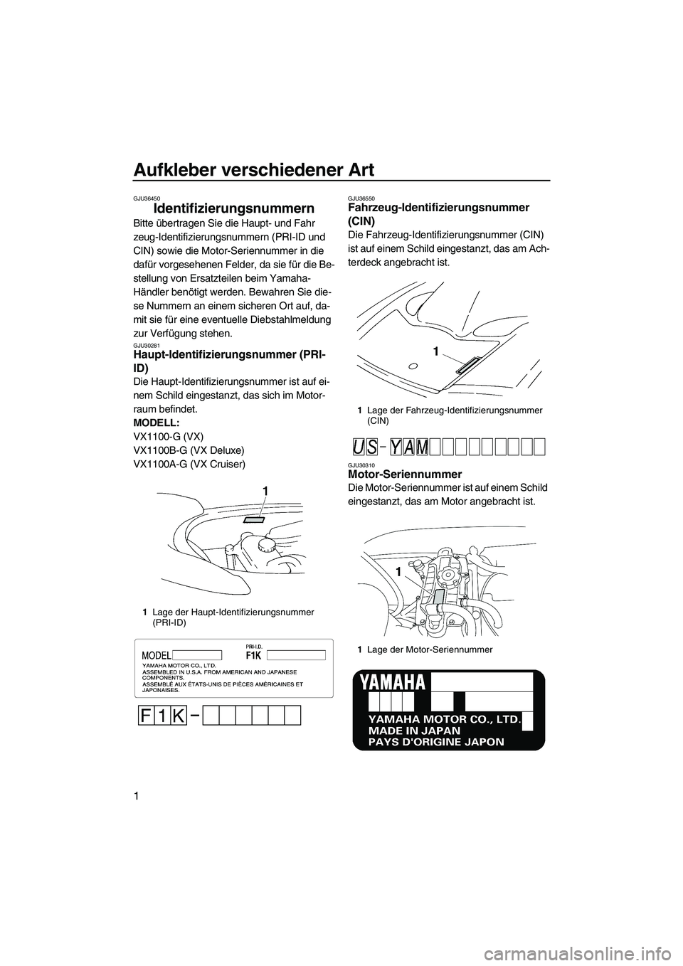YAMAHA VX SPORT 2008 Betriebsanleitungen (in German) Aufkleber verschiedener Art
1
GJU36450
Identifizierungsnummern
Bitte übertragen Sie die Haupt- und Fahr
zeug-Identifizierungsnummern (PRI-ID und
CIN) sowie die Motor-Seriennummer in die
dafür vo YAMAHA VX SPORT 2008 Betriebsanleitungen (in German) Aufkleber verschiedener Art
1
GJU36450
Identifizierungsnummern
Bitte übertragen Sie die Haupt- und Fahr
zeug-Identifizierungsnummern (PRI-ID und
CIN) sowie die Motor-Seriennummer in die
dafür vo