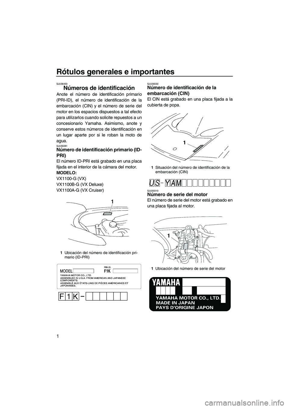 YAMAHA VX 2008 Manuale de Empleo (in Spanish) Rótulos generales e importantes
1
SJU36450
Números de identificación
Anote el número de identificación primario
(PRI-ID), el número de identificación de la
embarcación (CIN) y el número de s YAMAHA VX 2008 Manuale de Empleo (in Spanish) Rótulos generales e importantes
1
SJU36450
Números de identificación
Anote el número de identificación primario
(PRI-ID), el número de identificación de la
embarcación (CIN) y el número de s