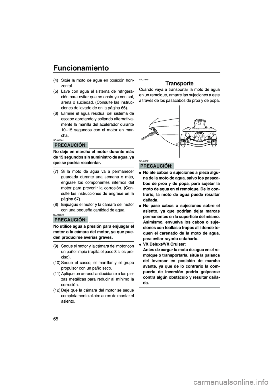 YAMAHA VX SPORT 2008  Manuale de Empleo (in Spanish) Funcionamiento
65
(4) Sitúe la moto de agua en posición hori-
zontal.
(5) Lave con agua el sistema de refrigera-
ción para evitar que se obstruya con sal,
arena o suciedad. (Consulte las instruc-
c