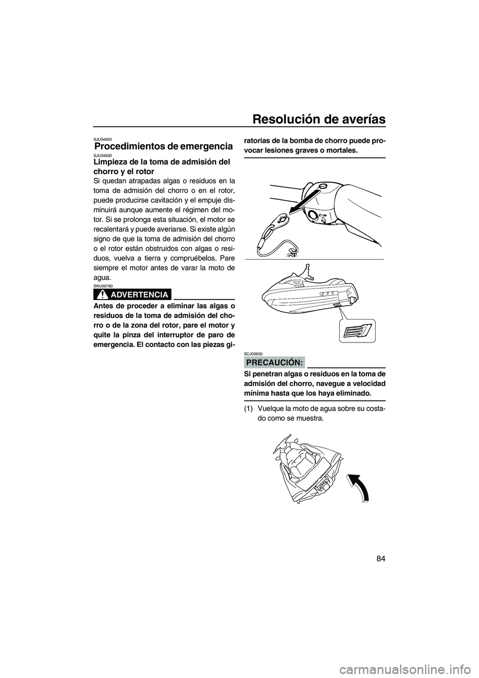 YAMAHA VX 2008  Manuale de Empleo (in Spanish) Resolución de averías
84
SJU34620
Procedimientos de emergencia SJU34630Limpieza de la toma de admisión del 
chorro y el rotor 
Si quedan atrapadas algas o residuos en la
toma de admisión del chorr
