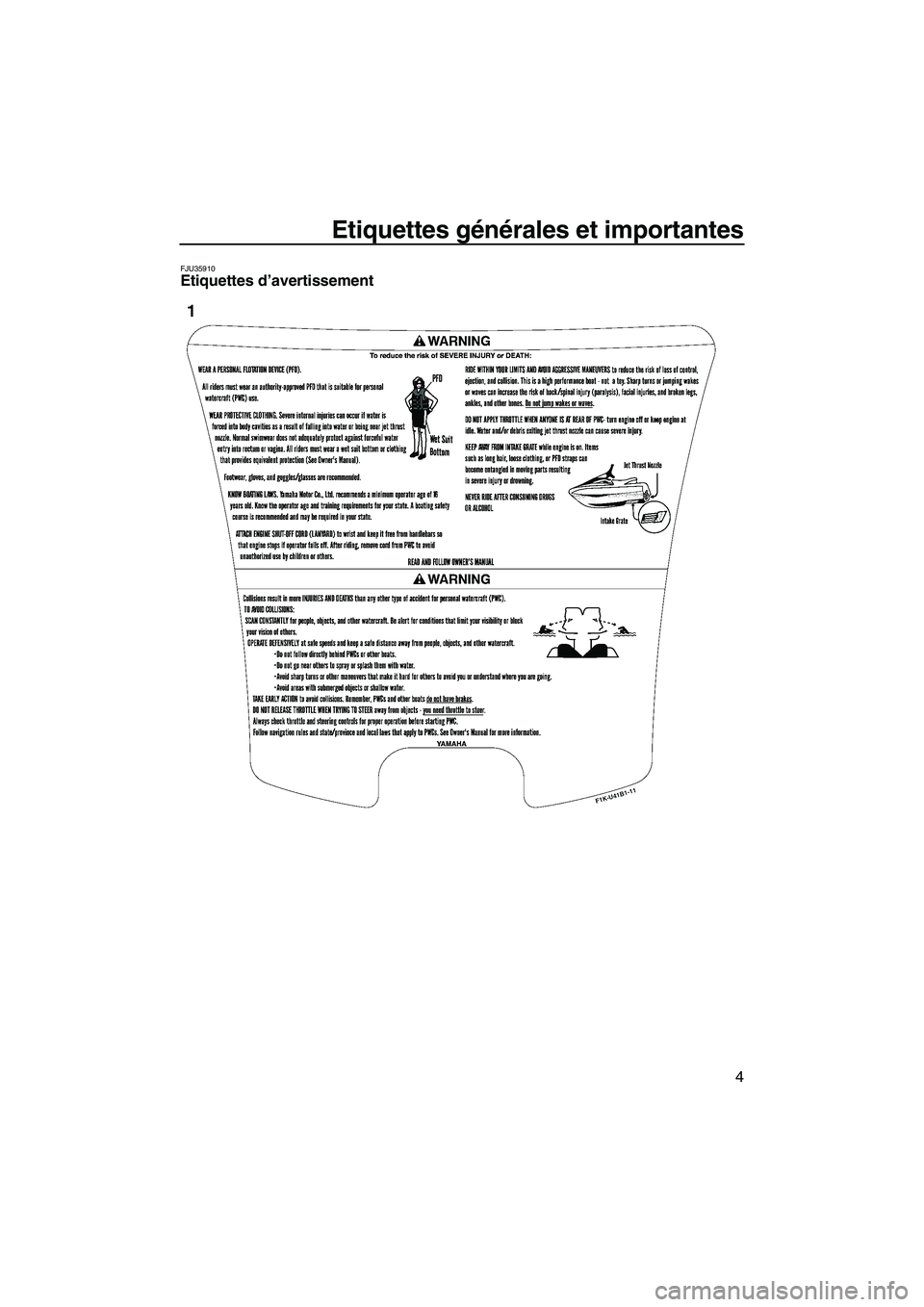 YAMAHA VX SPORT 2008  Notices Demploi (in French) Etiquettes générales et importantes
4
FJU35910Etiquettes d’avertissement 
UF1K73F0.book  Page 4  Wednesday, July 11, 2007  4:05 PM 