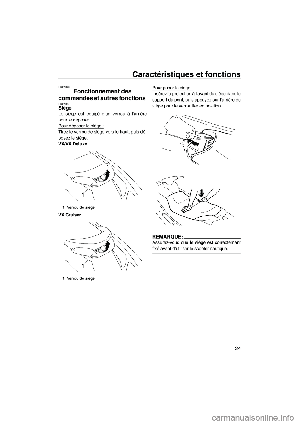 YAMAHA VX SPORT 2008  Notices Demploi (in French) Caractéristiques et fonctions
24
FJU31020
Fonctionnement des 
commandes et autres fonctions 
FJU31031Siège 
Le siège est équipé d’un verrou à l’arrière
pour le déposer.
Pour déposer le si