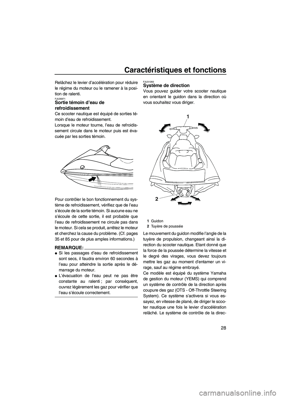 YAMAHA VX SPORT 2008  Notices Demploi (in French) Caractéristiques et fonctions
28
Relâchez le levier d’accélération pour réduire
le régime du moteur ou le ramener à la posi-
tion de ralenti.
FJU35971Sortie témoin d’eau de 
refroidissemen