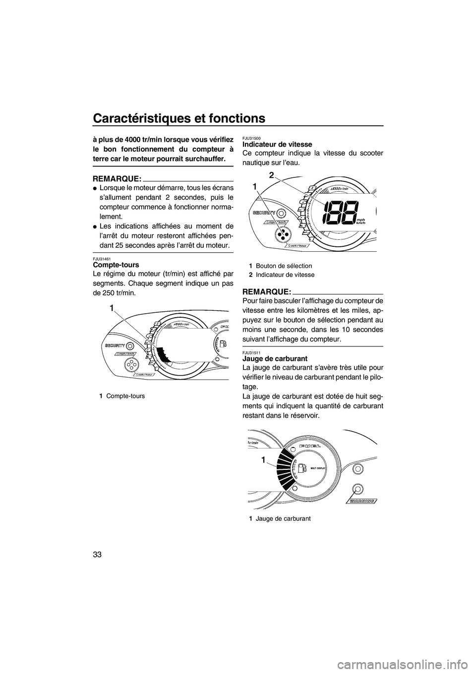 YAMAHA VX SPORT 2008  Notices Demploi (in French) Caractéristiques et fonctions
33
à plus de 4000 tr/min lorsque vous vérifiez
le bon fonctionnement du compteur à
terre car le moteur pourrait surchauffer.
REMARQUE:
Lorsque le moteur démarre, to