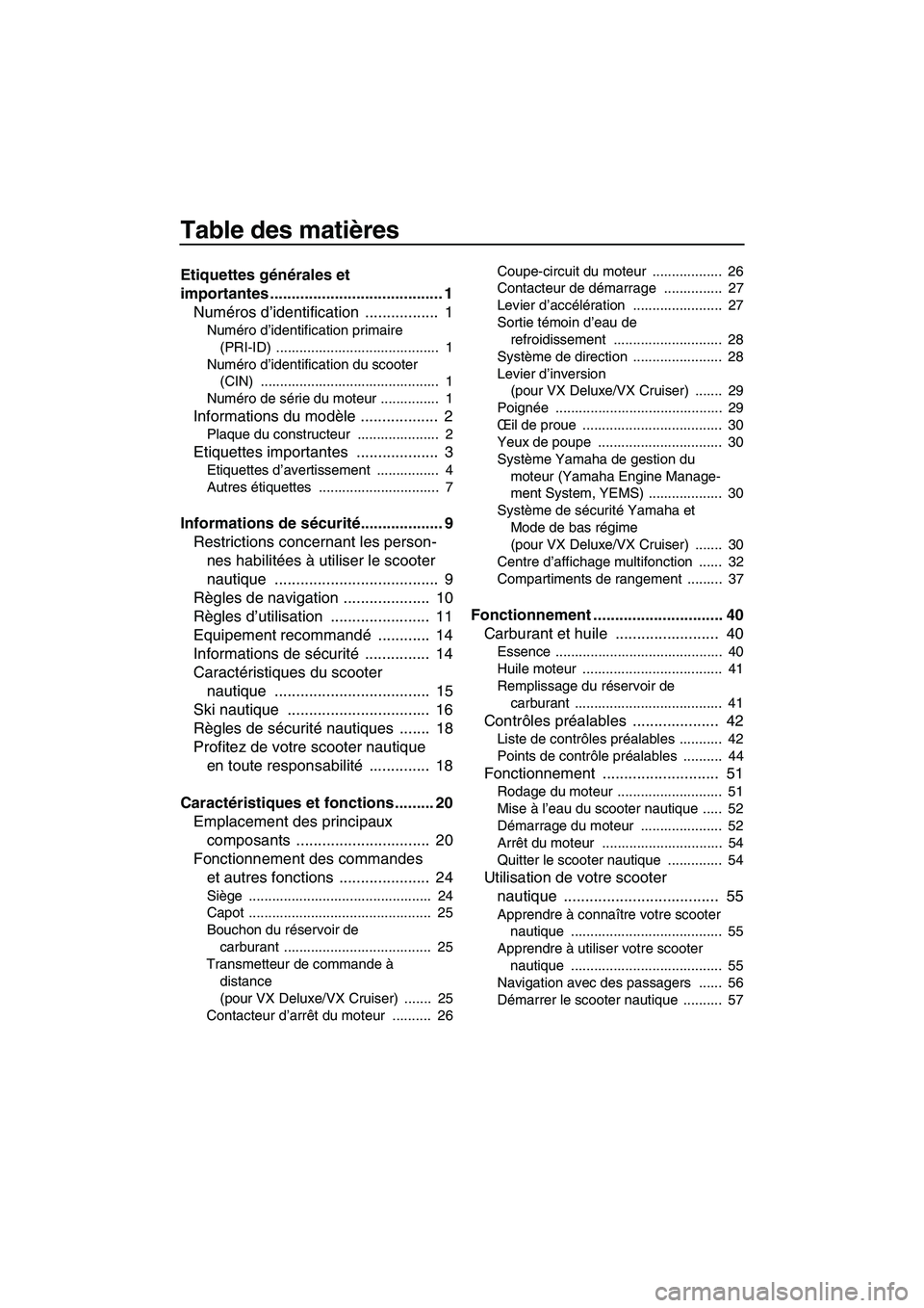 YAMAHA VX 2008  Notices Demploi (in French) Table des matières
Etiquettes générales et 
importantes ........................................ 1
Numéros d’identification .................  1
Numéro d’identification primaire 
(PRI-ID) ...
