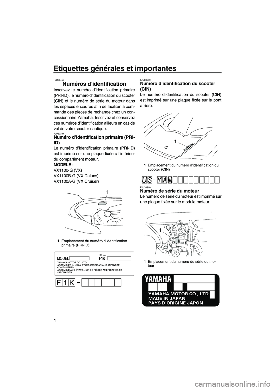 YAMAHA VX SPORT 2008 Notices Demploi (in French) Etiquettes générales et importantes
1
FJU36450
Numéros d’identification
Inscrivez le numéro d’identification primaire
(PRI-ID), le numéro d’identification du scooter
(CIN) et le numéro de YAMAHA VX SPORT 2008 Notices Demploi (in French) Etiquettes générales et importantes
1
FJU36450
Numéros d’identification
Inscrivez le numéro d’identification primaire
(PRI-ID), le numéro d’identification du scooter
(CIN) et le numéro de