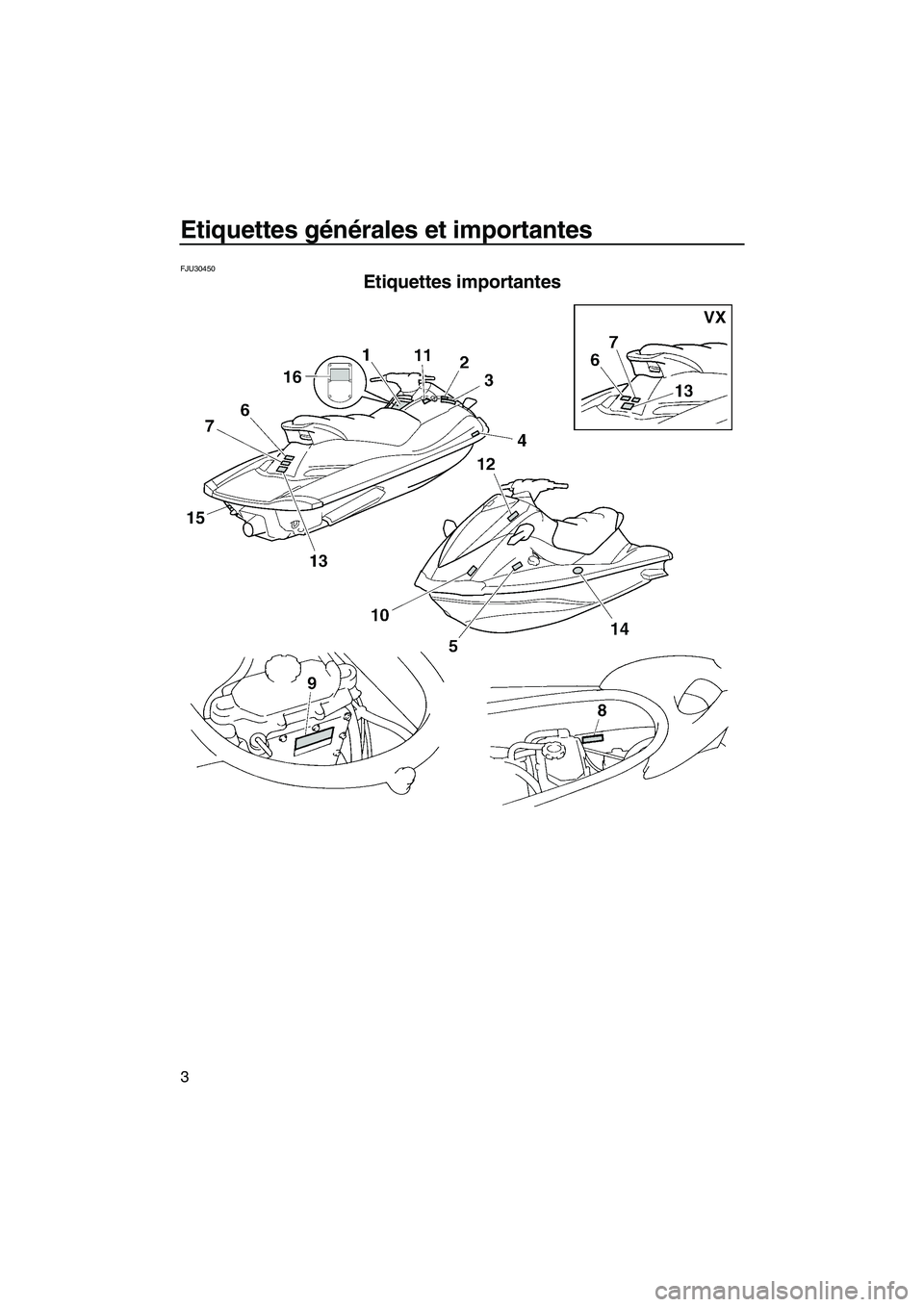 YAMAHA VX SPORT 2008 Notices Demploi (in French) Etiquettes générales et importantes
3
FJU30450
Etiquettes importantes
UF1K73F0.book Page 3 Wednesday, July 11, 2007 4:05 PM YAMAHA VX SPORT 2008 Notices Demploi (in French) Etiquettes générales et importantes
3
FJU30450
Etiquettes importantes
UF1K73F0.book Page 3 Wednesday, July 11, 2007 4:05 PM