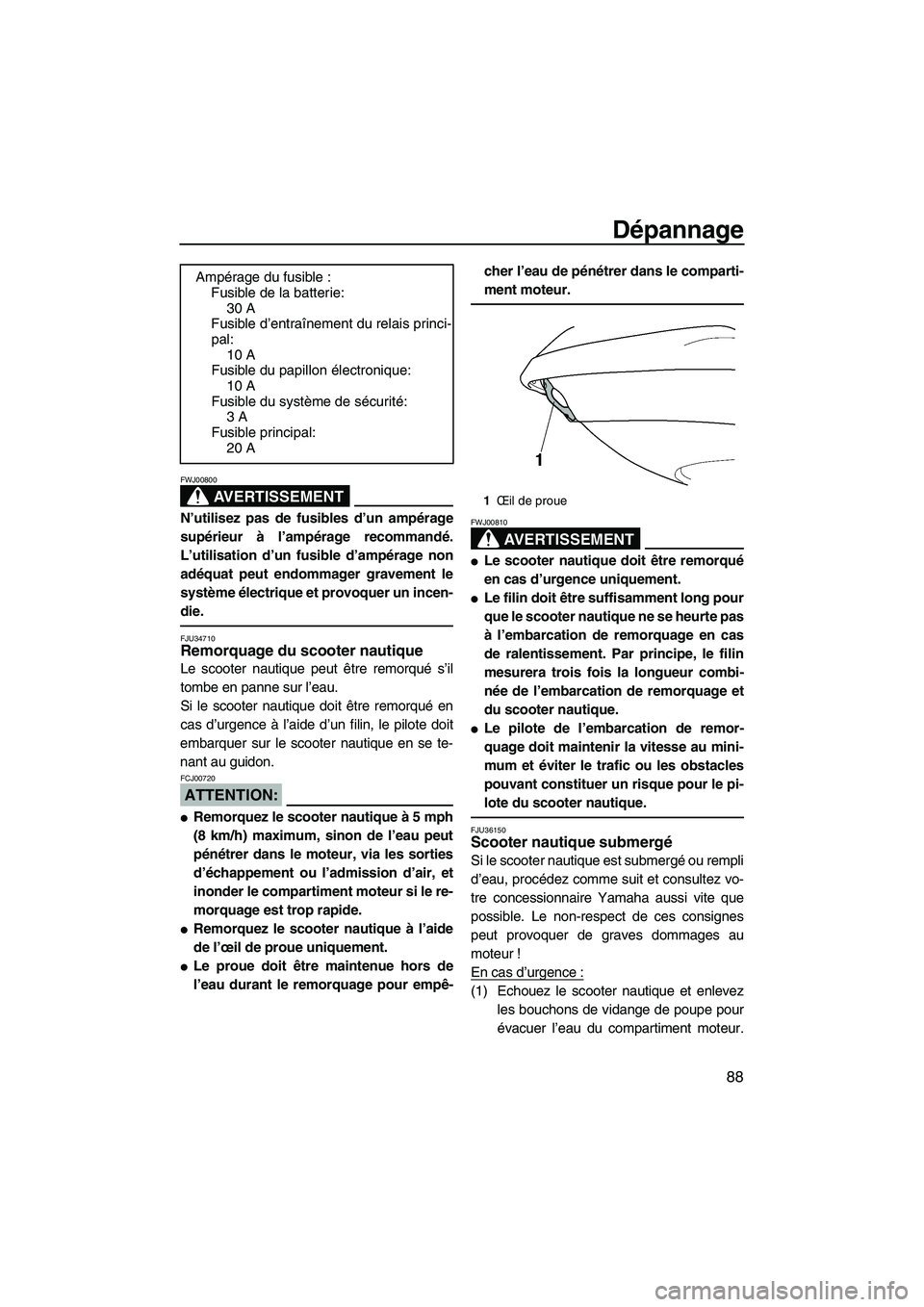 YAMAHA VX 2008  Notices Demploi (in French) Dépannage
88
AVERTISSEMENT
FWJ00800
N’utilisez pas de fusibles d’un ampérage
supérieur à l’ampérage recommandé.
L’utilisation d’un fusible d’ampérage non
adéquat peut endommager gr