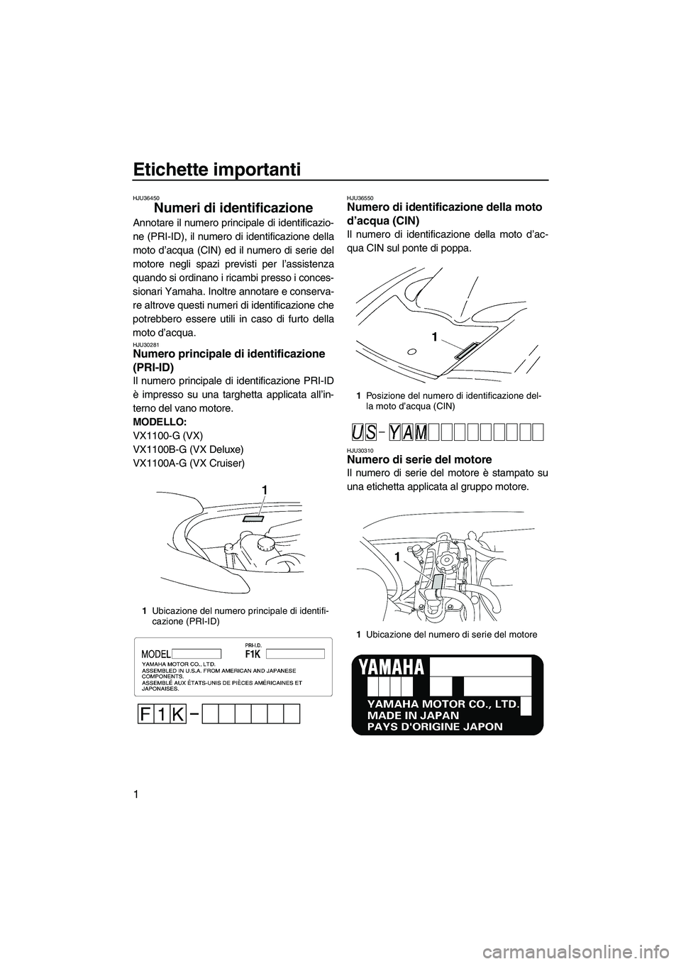YAMAHA VX 2008 Manuale duso (in Italian) Etichette importanti
1
HJU36450
Numeri di identificazione
Annotare il numero principale di identificazio-
ne (PRI-ID), il numero di identificazione della
moto d’acqua (CIN) ed il numero di serie de YAMAHA VX 2008 Manuale duso (in Italian) Etichette importanti
1
HJU36450
Numeri di identificazione
Annotare il numero principale di identificazio-
ne (PRI-ID), il numero di identificazione della
moto d’acqua (CIN) ed il numero di serie de