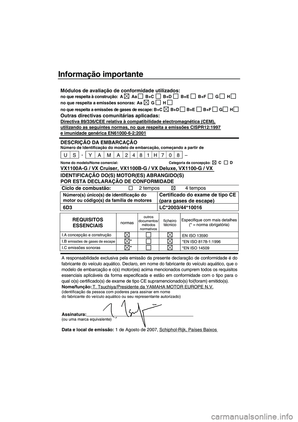 YAMAHA VX 2008 Manual de utilização (in Portuguese) Informação importante
Nome/função:T. Tsuchiya/Presidente da YAMAHA MOTOR EUROPE N.V.(identificação da pessoa com poderes para assinar em nome
do fabricante do veículo aquático ou seu represent YAMAHA VX 2008 Manual de utilização (in Portuguese) Informação importante
Nome/função:T. Tsuchiya/Presidente da YAMAHA MOTOR EUROPE N.V.(identificação da pessoa com poderes para assinar em nome
do fabricante do veículo aquático ou seu represent