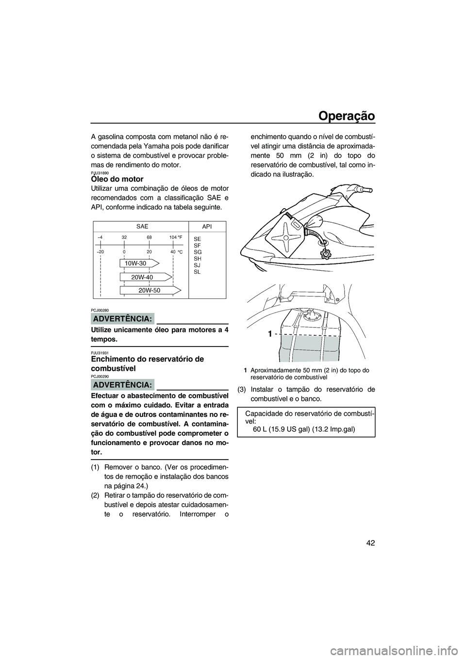 YAMAHA VX 2008  Manual de utilização (in Portuguese) Operação
42
A gasolina composta com metanol não é re-
comendada pela Yamaha pois pode danificar
o sistema de combustível e provocar proble-
mas de rendimento do motor.
PJU31890Óleo do motor 
Uti